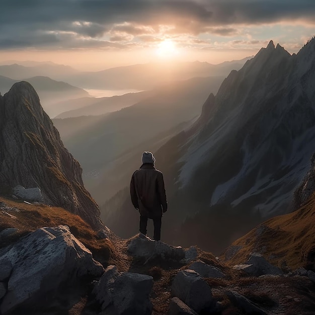 A man stands on a mountain top looking at the sun