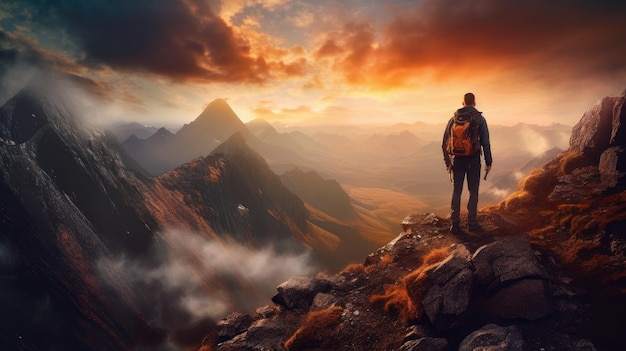 A man stands on a mountain top looking at a sunset.