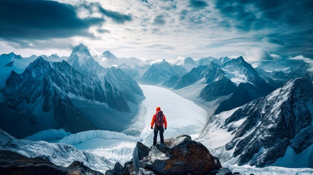 A man stands on a mountain top and looks at the mountains below.