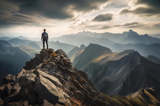 A man stands on a mountain top and looks at the mountains.