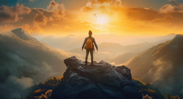 A man stands on a mountain top and looks at the sunset.