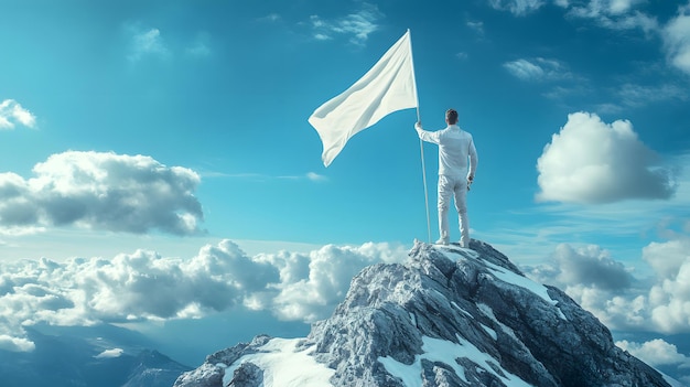 Photo a man stands on a mountain top with a flag in the background