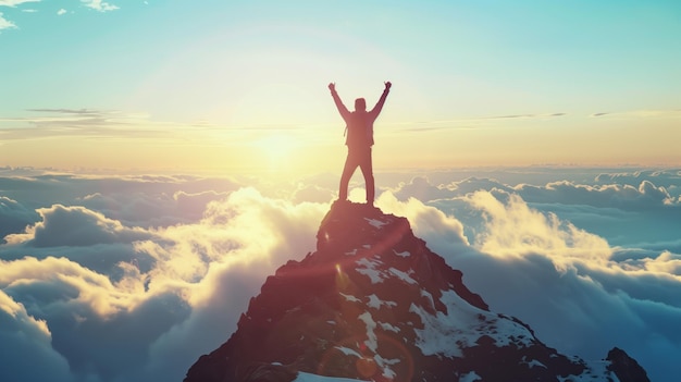 a man stands on a mountain top with his arms raised above the clouds