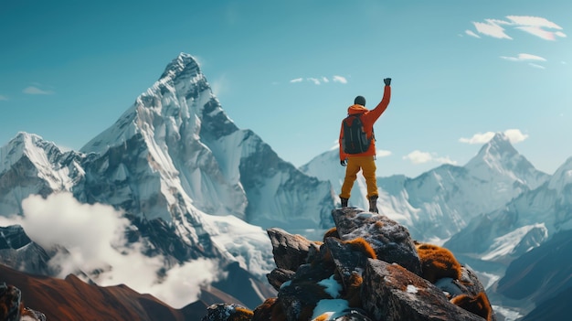 a man stands on a mountain top with his arms raised