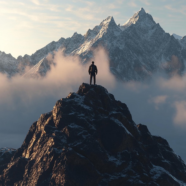 Photo a man stands on a mountain top with a mountain in the background