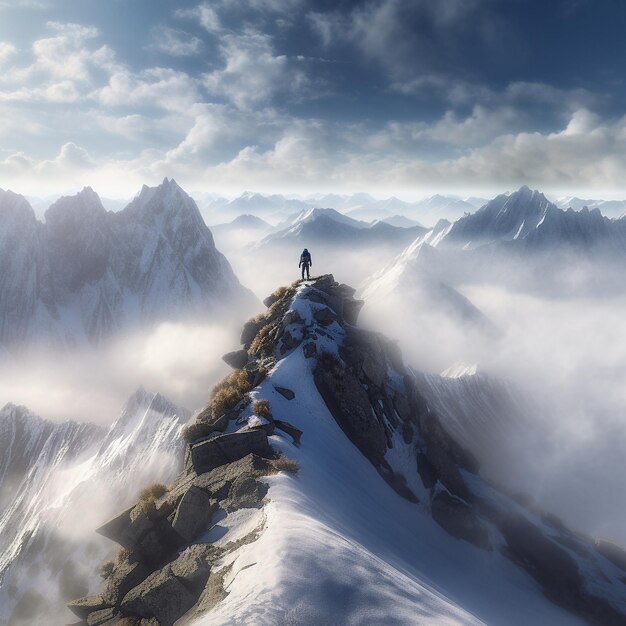 Photo a man stands on a mountain top with a mountain in the background