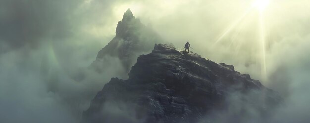 a man stands on a mountain top with a mountain in the background