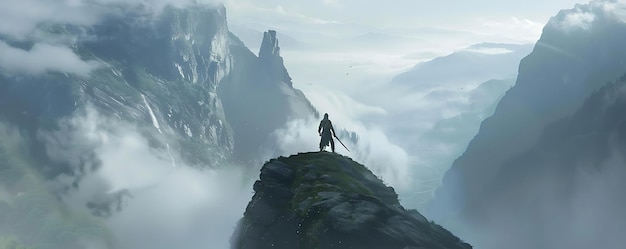 a man stands on a mountain top with a mountain in the background