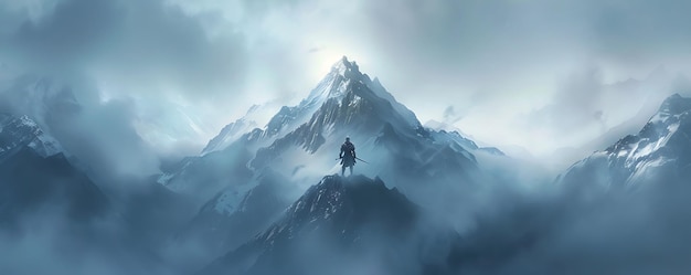 a man stands on a mountain top with a mountain in the background