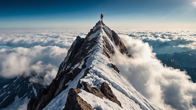 Photo a man stands on a mountain top with the name of the mountain on the top