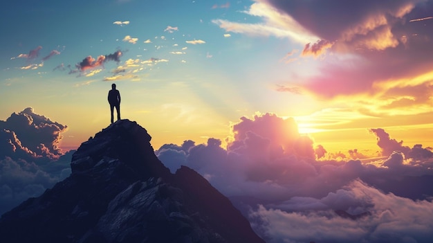 a man stands on a mountain top with the sun behind him