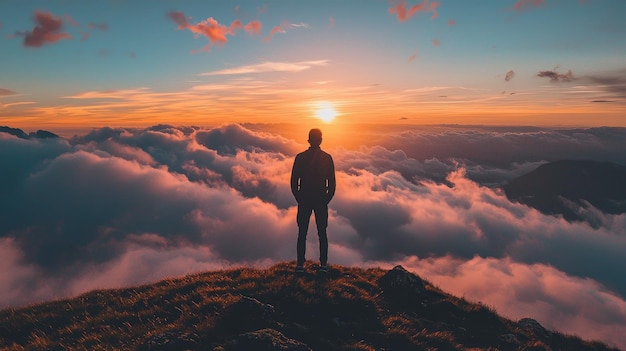 a man stands on a mountain top with the sun setting behind him