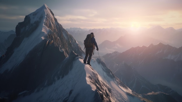 A man stands on a mountain top with the sun setting behind him.