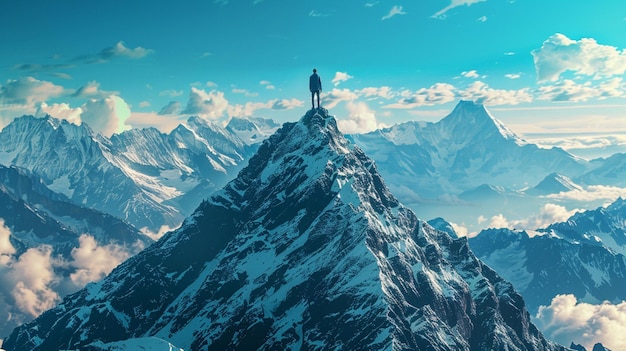 a man stands on a mountain top with the word  on it