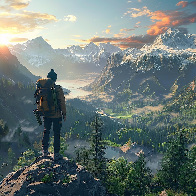 Photo a man stands on a mountain with a backpack on his back looking at the mountains