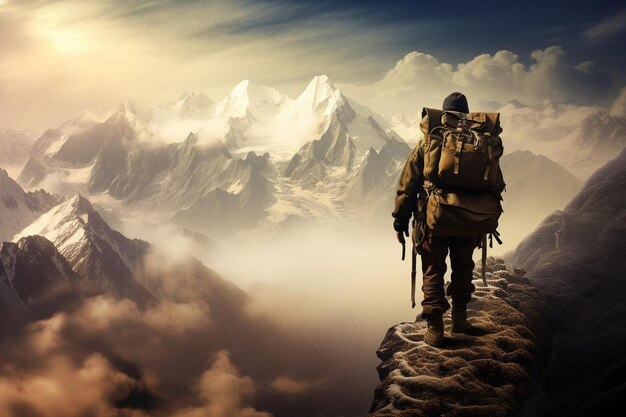 Photo a man stands on a mountain with a backpack and a mountain in the background