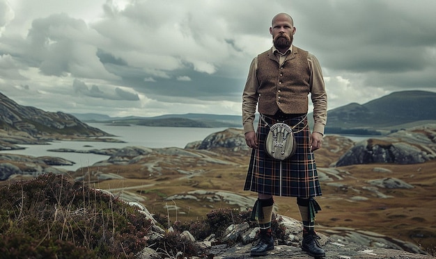 Photo a man stands on a mountain with a bag of kilt