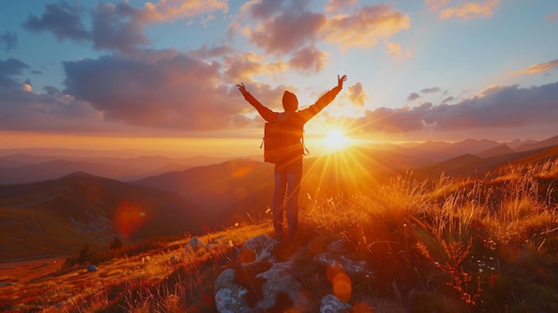 a man stands on a mountain with his arms raised in the air and the sun is rising behind him