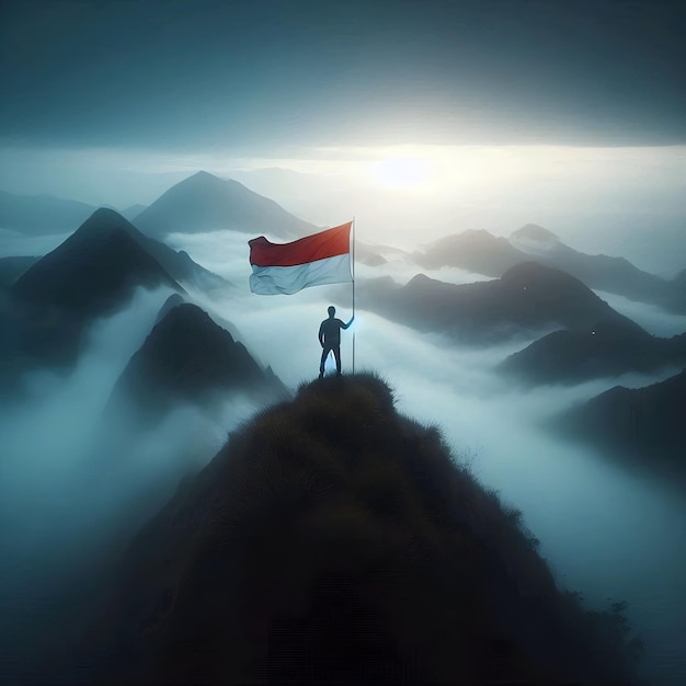 a man stands on a mountain with indonesian flag