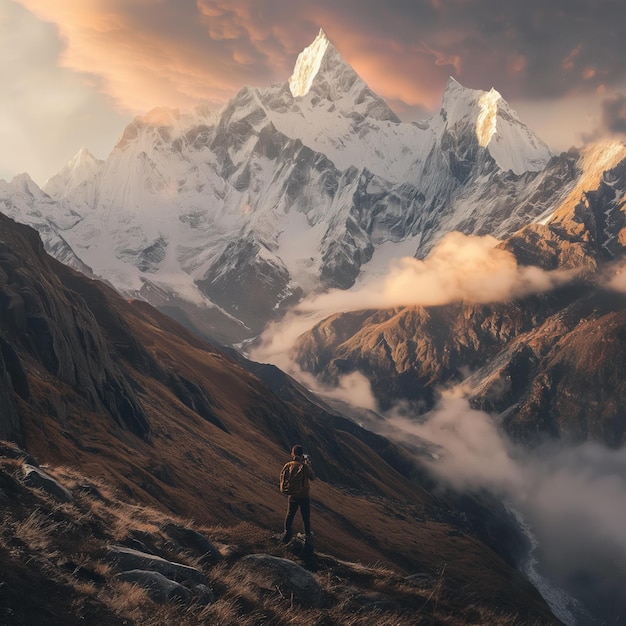 a man stands on a mountain with a mountain in the background