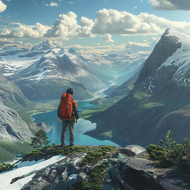 a man stands on a mountain with a mountain in the background