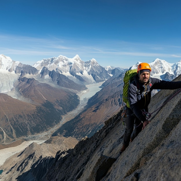 a man stands on a mountain with the name on the top