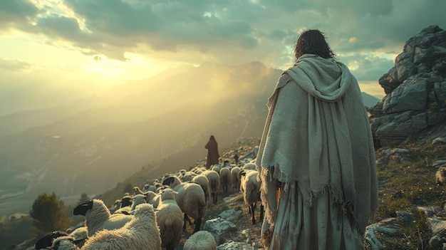 a man stands in a mountain with sheep in the background