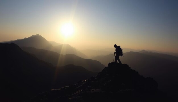 Photo a man stands on a mountain with the sun behind him