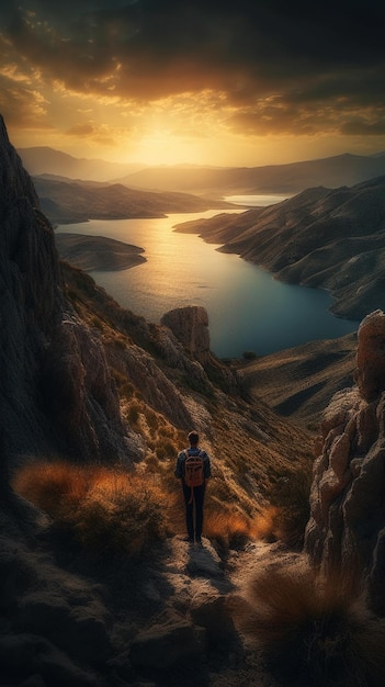 A man stands on a mountain with a sunset in the background.