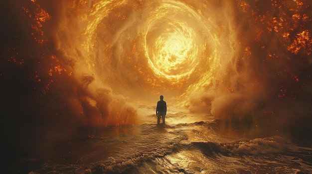 a man stands in the ocean with a man standing in front of a wave that is floating in the ocean