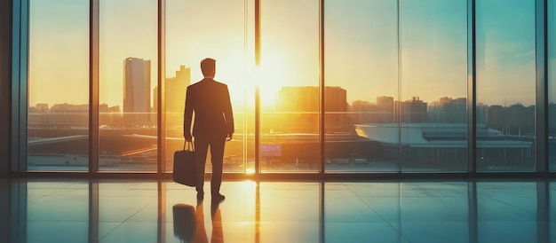 a man stands in an office with a briefcase in his hands