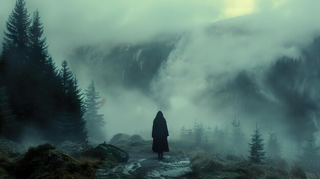 Photo a man stands on a path in the foggy woods