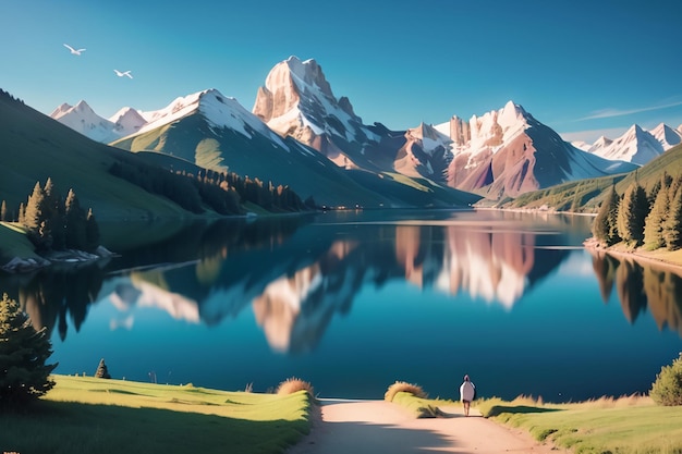 A man stands on a path in front of a mountain lake with the mountains in the background.