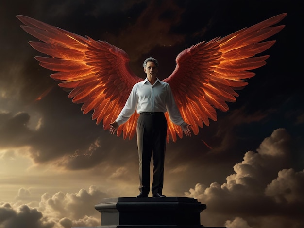 a man stands on a pedestal with a red winged wings