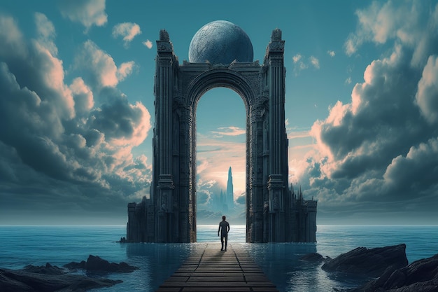 A man stands on a pier in front of a large arch with a planet in the background.