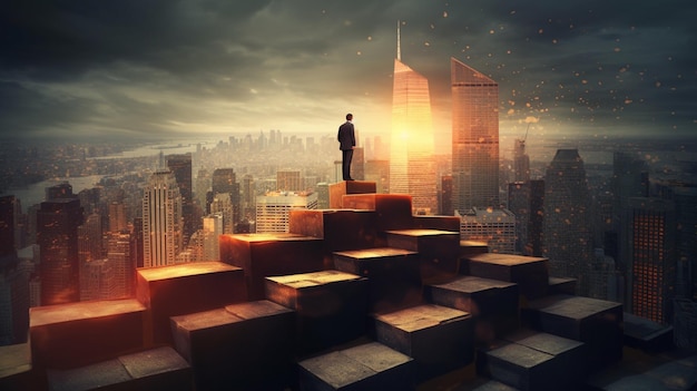 A man stands on a pile of cubes in front of a cityscape.