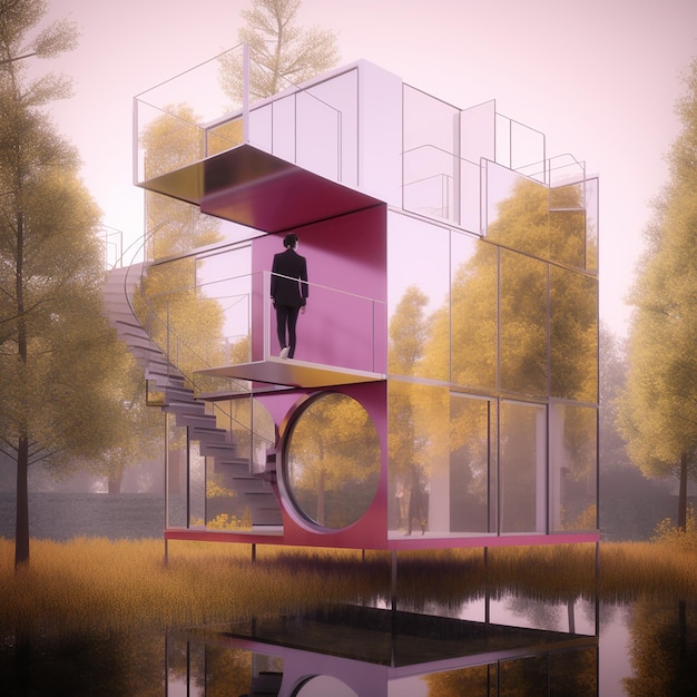 a man stands on a pink house with a staircase that says he is standing on the bottom