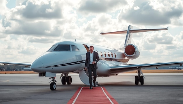 a man stands next to a plane that has the word  on it