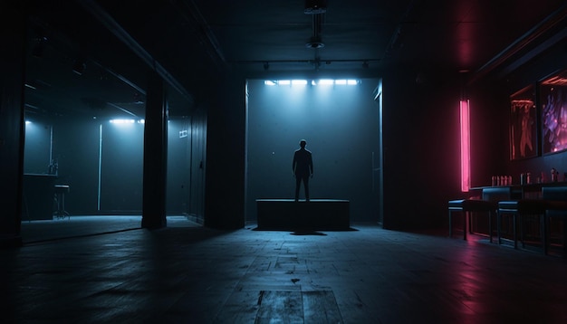 a man stands on a platform in a dark room with a light on the ceiling