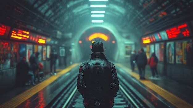 a man stands on a platform in a subway station