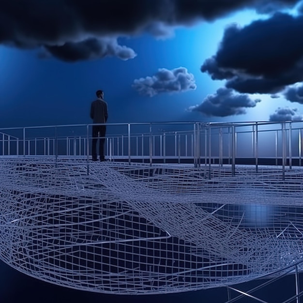 A man stands on a platform with a blue sky and clouds in the background.