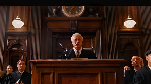 a man stands behind a podium with a clock on the top