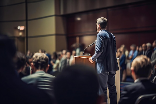 A man stands at a podium with a crowd behind him.