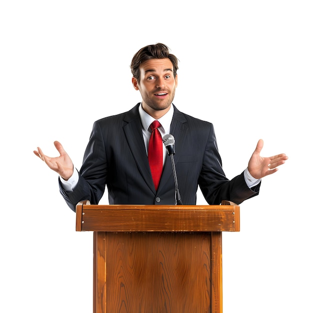 a man stands at a podium with his hands in the air