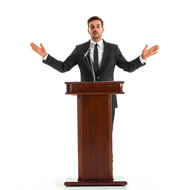 a man stands at a podium with his hands out in front of him