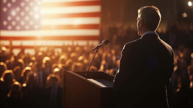 a man stands at a podium with a large crowd in the background