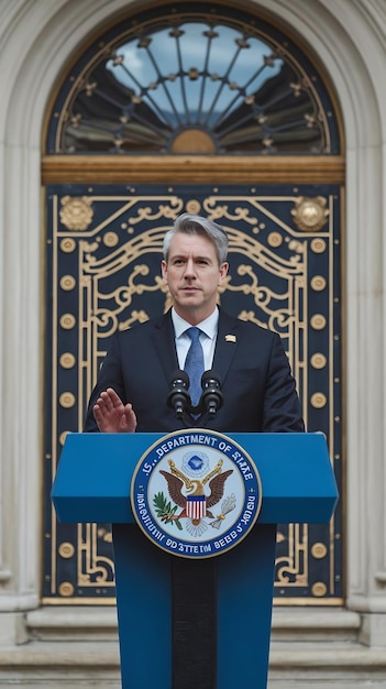 Photo a man stands at a podium with a sign that saysu s department of state