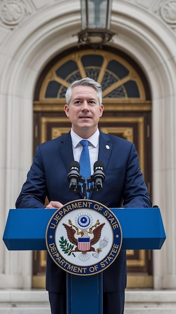 Photo a man stands at a podium with a sign that saysu s department of state