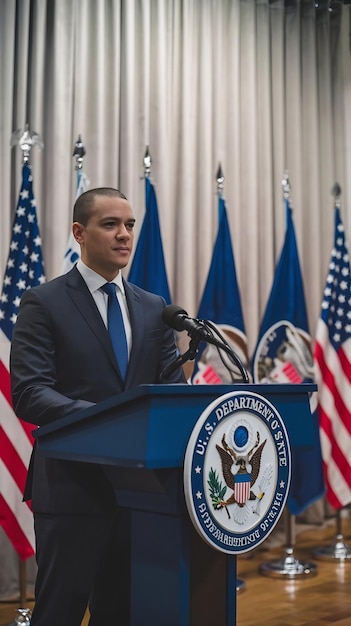 Photo a man stands at a podium with a sign that saysu s department of state