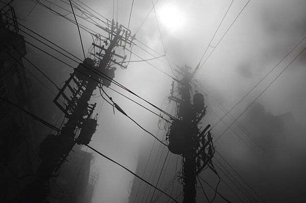 a man stands on a power line in the fog